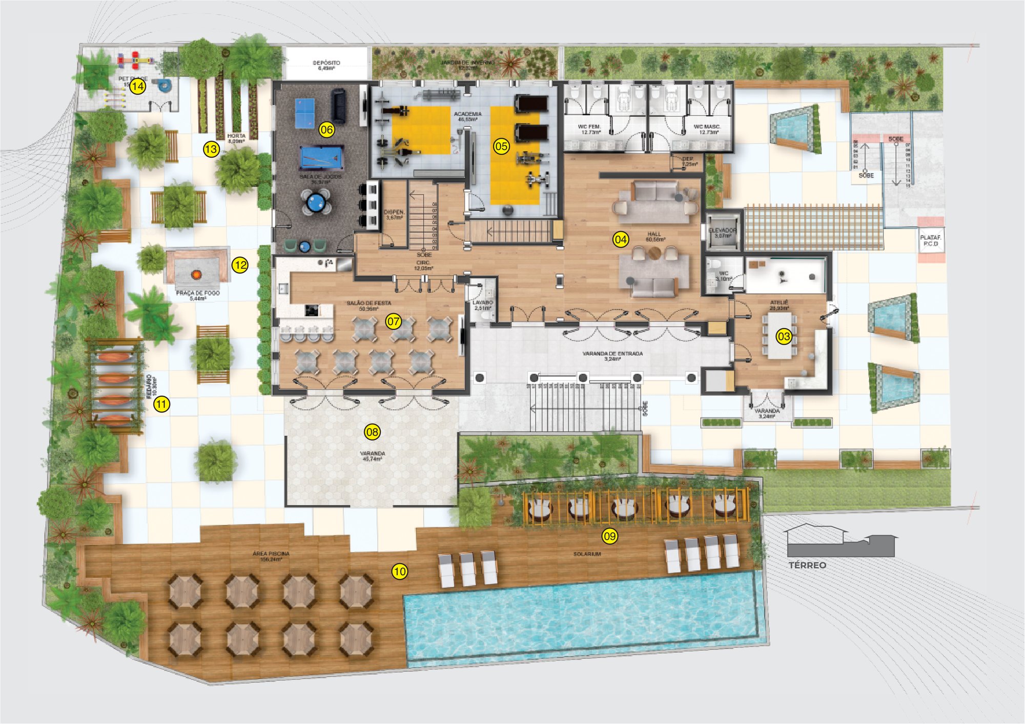 Masterplan da área de lazer do térreo, Mirante dos Corais: piscina, academia, salão de festas, praça de fogo, pet place e horta