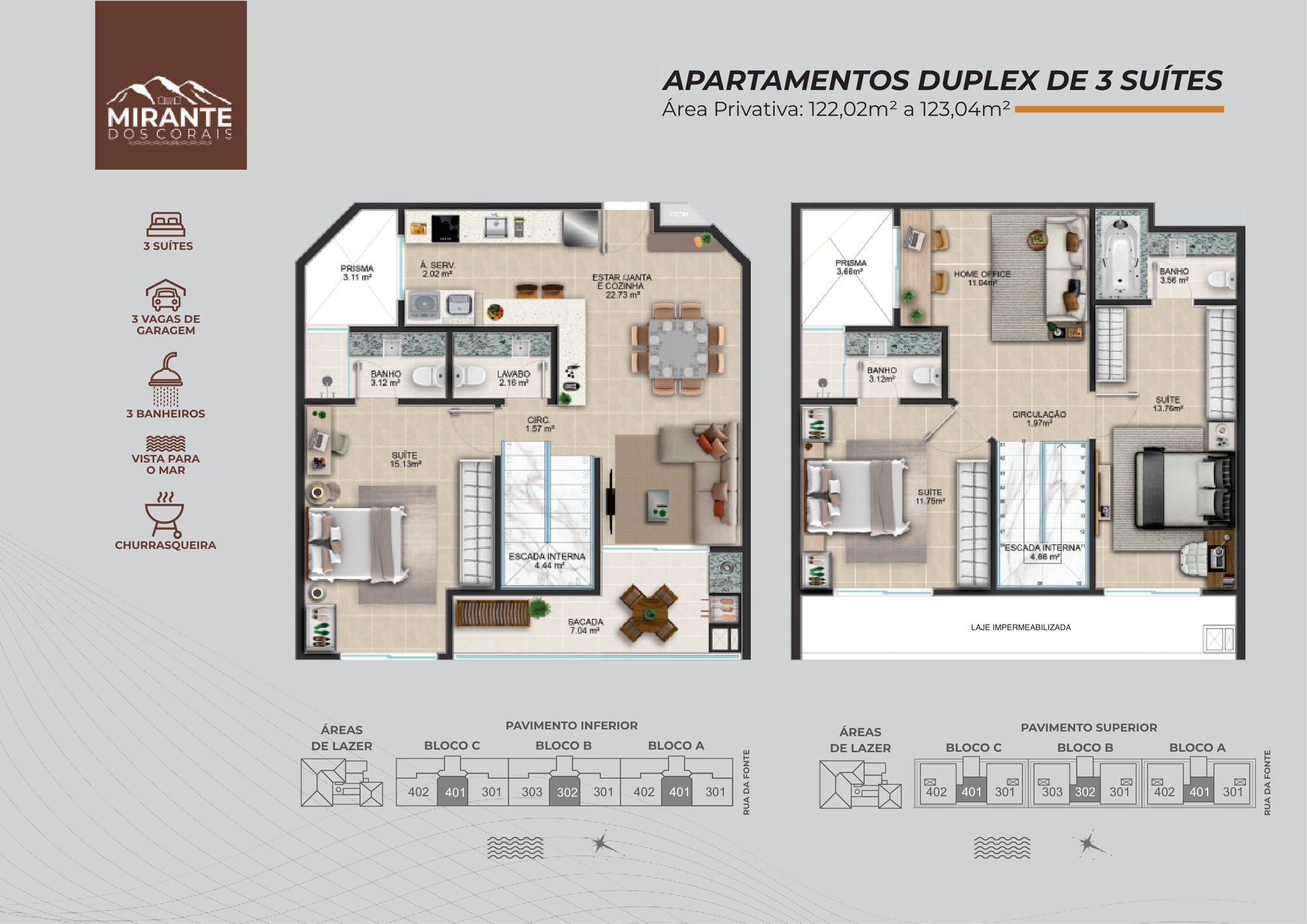 Planta do apartamento duplex de 122,02 a 123,04 m², Mirante dos Corais
