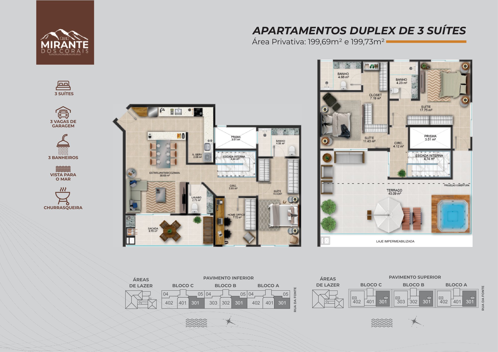 Planta do apartamento duplex de 199,69 a 199,73 m², Mirante dos Corais