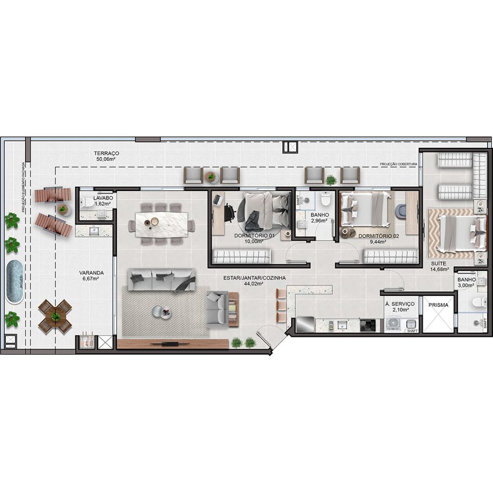 Planta Cobertura 3 dormitórios 2 suítes vista mar